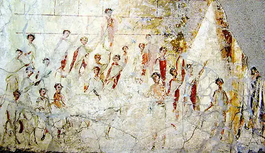 Roman men wearing togae praetextae with reddish-purple stripes during a religious procession (1st century BC)