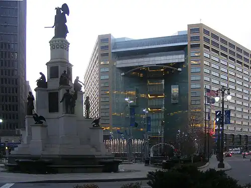 Michigan Soldiers' and Sailors' Monument (1872) by Randolph Rogers and Woodward Fountain on Campus Martius Park