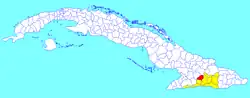 Contramaestre municipality (red) within Santiago Province (yellow) and Cuba