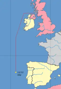 A map of the West Atlantic coastline of Europe from northern Britain to Morocco. The route taken by Convoy Faith as described in the article is marked in by a red line. The approximate location of the attack on the night of 11/12 July 1943 is marked with a yellow dot.