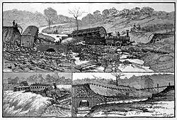 'The terrible railway accident at Cootamundra' a wood engraving taken from sketches by Tom Carrington, published in Australasian Sketcher, 11 February 1885.