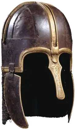 Helmet consisting of an iron skull cap with brass edging and decorations, two iron cheek guards with brass edging, and a neck guard