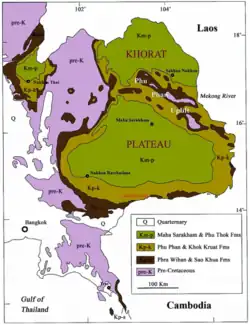 Map of northeast and southeastern Thailand showing the distribution of Cretaceous geological strata
