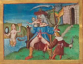 A painting depicting Uranus castrating Cronus while he eats an infant. Aphrodite can be seen in the background looking at herself in a mirror while standing in a river.