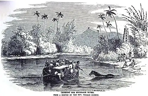 Crossing the Moodoor River, From a sketch by the Rev. Thomas Hodson (March 1851, VIII, p. 26)