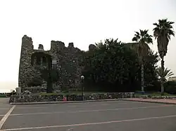 Ruins of a castle, with palm trees and foliage