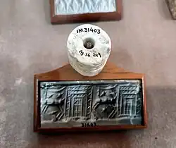 Cylinder seal from Tell Agrab, Iraq, on display at the Sulaymaniyah Museum, Iraq since 1961. The Lost Treasures from Iraq designates it as "feard to be stolen".[28]