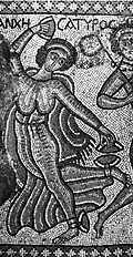 6th century A.D., Byzantine Empire, House of Madaba (now in Jordan). Dancer wearing cymbala acitabula (cymbala that have the same shape as acitabula vinegar bowls or lids).
