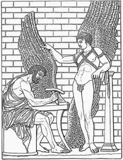 Daedalus constructs wings for his son, Icarus, after a Roman relief in the Villa Albani, Rome (Meyers Konversationslexikon, 1888)