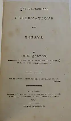 1793 copy of Dalton's first publication, "Meteorological Observations and Essays"