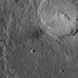 Detail of dark spot in Matisse crater. Hollows are present in the dark spot and in Ngu Facula in the unnamed crater in upper right.