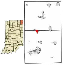 Location of Ashley in DeKalb County and Steuben County, Indiana.