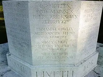 Dedication text of Zeebrugge Cross of Sacrifice in Dover