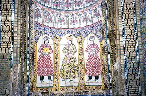Wall painting depicting three Qajar figures.