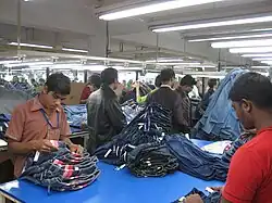 The final steps of preparing jeans for market