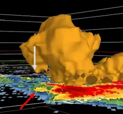 A 3D radar shot of the Parkersburg-New Hartford EF5 tornado, with high values of reflectivity shown as a blob of yellow. A white arrow pointing down on the left side shows a [[Descending reflectivity core]], while a red arrow near the bottom left corner shows the hook echo of the supercell.