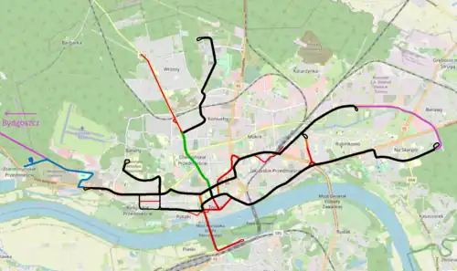 Map showing all Current, Previous, Proposed and Under-construction lines in Toruń.