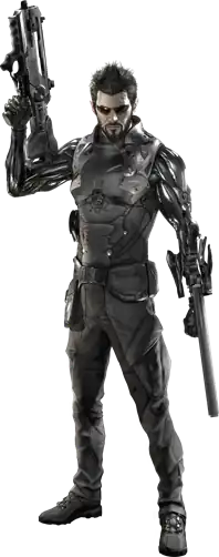 Full body image of Adam Jensen in combat gear, showing his cybernetic arms.