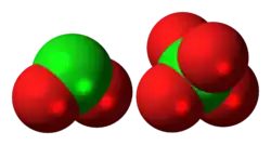 Space-filling model of the component ions of dichlorine hexoxide
