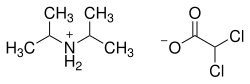 Chemical structure of diisopropylamine dichloroacetate (DADA), showing the diisopropylamine cation and dichloroacetate anion.