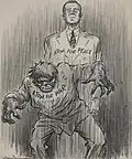 Ink drawing of two men, one stands stoically behind in a light suit that says "atom for peace" while the other lunges forward with grotesque hands and face with a shirt that says "atom for war."