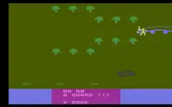 An open field with rows of trees and a prompt reading "Oh No! A Guard" a player is stopped from moving across a bridge.