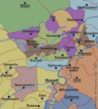 Territory of the Abbey of Thorn (purple), around 1700.