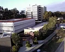 The Donald Bren School of Information and Computer Sciences viewed from the top of Donald Bren Hall, UC Irvine