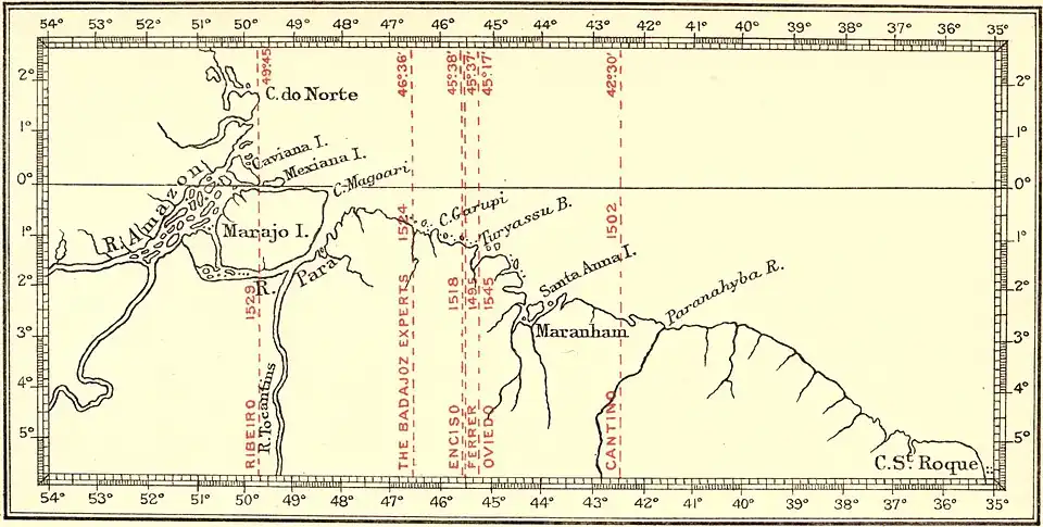 Various Spanish and Portuguese reckonings of the Tordesillas line (1495–1545) marked along the Brazilian coast, from Harrisse