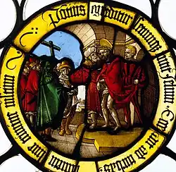 German glass, Nuremberg, after a drawing by Sebald Beham, c. 1525. Silver stain produces a range of yellows and gold, and painted on the reverse of the blue sky, gives the dark green of the cross.[13]