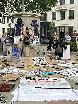 The empty pedestal of the statue of Edward Colton in Bristol, the day after protesters felled the statue and rolled it into the harbour in 2020.