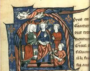An illuminated manuscript, showing Henry and Eleanor sitting on thrones, accompanied by two staff. Two elaborate birds form a canopy over the pair of rulers.