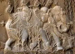 Sasanian Empire relief of boar-hunting on domestic elephants, Taq-e Bostan, Iran