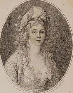 Engraving of a young woman with an elaborate turban-like hairstyle.