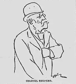 Line drawing of bespectacled, mustached man in a derby hat