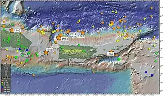 Map showing the epicenters of all the magnitude 5 and greater earthquakes around Puerto Rico for the last 100 years