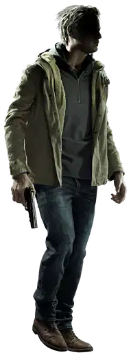 A person with a hidden face, wearing a jacket and carrying a gun.