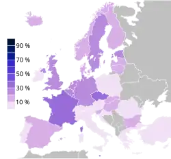 No belief in "any sort of spirit, God or life force" per country based on Eurobarometer 2005 survey