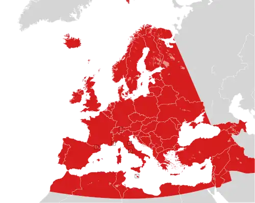 Map of countries in Europe, North Africa and Western Asia in grey, with the boundaries of the European Broadcasting Area superimposed in red