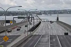 Evergreen Point Floating Bridge viewed from the east end in Medina shortly after opening in April 2016
