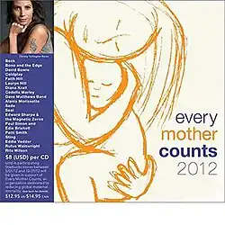 On the cover art's right side is an illustration of a woman holding a baby in her arms on the left and text displaying the album's title; on the left side is a photograph of a woman and text displaying the names of contributing artists and other information about the album.