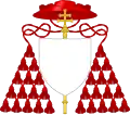 Galero gules with fifteen tassels per side, used by cardinals in place of a helmet (and patriarchal cross)