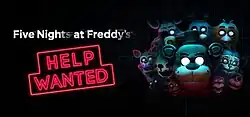 An illustration of various animatronic characters connected together. To the left of the characters are the words "Five Nights at Freddy's" above a neon sign spelling out "HELP WANTED".