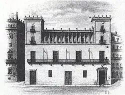 Detailed drawing of a two level building with two towers on either side each of two floors with a loggia between the towers. There is a metal balcony across the second level. The right corner ground floor has an ornate door.