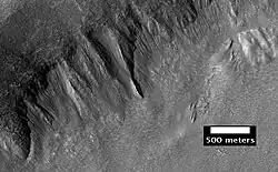 Place where a lobate debris apron begins. Note stripes which indicate movement. Image located in Ismenius Lacus quadrangle.