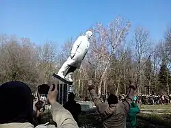 A falling Lenin Monument in Khmelnytskyi, Ukraine