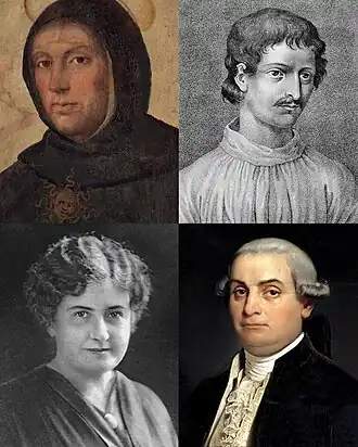 Image 30Clockwise from top left: Thomas Aquinas, proponent of natural theology and the Father of Thomism; Giordano Bruno, one of the major scientific figures of the Western world; Cesare Beccaria, considered the Father of criminal justice and modern criminal law; and Maria Montessori, credited with the creation of the Montessori education (from Culture of Italy)