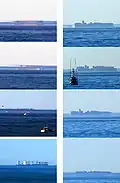 The appearance of two ships changing owing to the Fata Morgana phenomenon: the four frames in the first column are of ship No. 1, and the four frames in the second column are of ship No. 2.