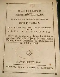 Image 28The 1835 Manifiesto a la República Mejicana, by José Figueroa, was the first book published in California (from Culture of California)