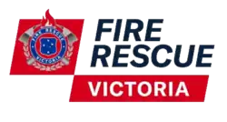 To the upper left, the Fire Rescue Victoria badge on a red background; to the right, the words FIRE RESCUE VICTORIA.